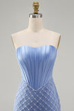 Blue Strapless Satin Bodycon Corset Beaded Short Prom Dress