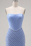Blue Strapless Satin Bodycon Corset Beaded Short Prom Dress