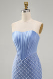Blue Strapless Satin Bodycon Corset Beaded Short Prom Dress