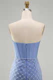 Blue Strapless Satin Bodycon Corset Beaded Short Prom Dress