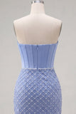 Blue Strapless Satin Bodycon Corset Beaded Short Prom Dress