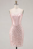 Sweetheart Blush Satin Bodycon Corset Sequins Short Prom Dress