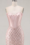 Sweetheart Blush Satin Bodycon Corset Sequins Short Prom Dress