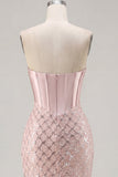 Sweetheart Blush Satin Bodycon Corset Sequins Short Prom Dress