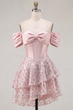 Off the Shoulder Blush Satin A-Line Corset Sequins Short Prom Dress with Bow