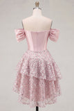 Off the Shoulder Blush Satin A-Line Corset Sequins Short Prom Dress with Bow