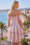Off the Shoulder Blush Satin A-Line Corset Sequins Short Prom Dress with Bow