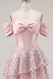 Off the Shoulder Blush Satin A-Line Corset Sequins Short Prom Dress with Bow
