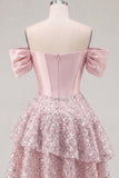 Off the Shoulder Blush Satin A-Line Corset Sequins Short Prom Dress with Bow
