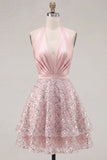 Blush Satin A-Line Halter Neck Ruched Sequins Short Prom Dress