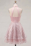 Blush Satin A-Line Halter Neck Ruched Sequins Short Prom Dress