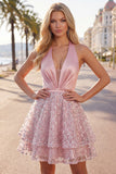 Blush Satin A-Line Halter Neck Ruched Sequins Short Prom Dress