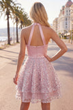 Blush Satin A-Line Halter Neck Ruched Sequins Short Prom Dress