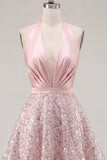 Blush Satin A-Line Halter Neck Ruched Sequins Short Prom Dress