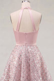 Blush Satin A-Line Halter Neck Ruched Sequins Short Prom Dress