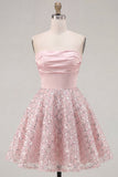 Blush Satin A-Line Strapless Ruched Sequins Cute Short Prom Dress