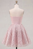 Blush Satin A-Line Strapless Ruched Sequins Cute Short Prom Dress