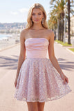 Blush Satin A-Line Strapless Ruched Sequins Cute Short Prom Dress