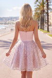 Blush Satin A-Line Strapless Ruched Sequins Cute Short Prom Dress