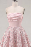 Blush Satin A-Line Strapless Ruched Sequins Cute Short Prom Dress