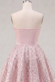 Blush Satin A-Line Strapless Ruched Sequins Cute Short Prom Dress