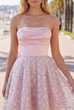Blush Satin A-Line Strapless Ruched Sequins Cute Short Prom Dress