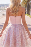 Blush Satin A-Line Strapless Ruched Sequins Cute Short Prom Dress