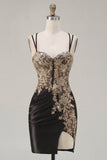 Black Satin Bodycon Ruched Sequins Short Prom Dress with Slit