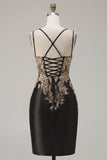 Black Satin Bodycon Ruched Sequins Short Prom Dress with Slit