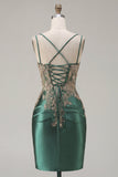 Black Satin Bodycon Ruched Sequins Short Prom Dress with Slit