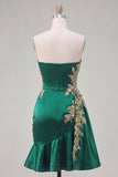 Dark Green Satin Bodycon Sweetheart Ruched Sequins Short Prom Dress with Sash