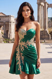Dark Green Satin Bodycon Sweetheart Ruched Sequins Short Prom Dress with Sash