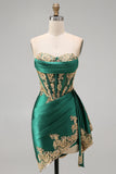 Dark Green Satin Sweetheart Ruched Sequins Sheer Corset Short Prom Dress with Sash