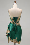 Dark Green Satin Sweetheart Ruched Sequins Sheer Corset Short Prom Dress with Sash