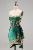 Dark Green Satin Sweetheart Ruched Sequins Sheer Corset Short Prom Dress with Sash