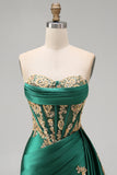 Dark Green Satin Sweetheart Ruched Sequins Sheer Corset Short Prom Dress with Sash