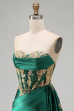 Dark Green Satin Sweetheart Ruched Sequins Sheer Corset Short Prom Dress with Sash