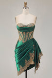 Dark Green Satin Sweetheart Ruched Sequins Sheer Corset Short Prom Dress with Sash