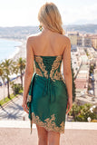 Dark Green Satin Sweetheart Ruched Sequins Sheer Corset Short Prom Dress with Sash