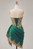 Dark Green Satin Sweetheart Ruched Sequins Sheer Corset Short Prom Dress with Sash