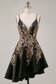 A-Line Black Satin Sequins Asymmetrical Short Prom Dress