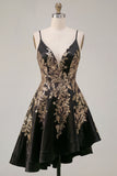A-Line Black Satin Sequins Asymmetrical Short Prom Dress