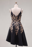 A-Line Black Satin Sequins Asymmetrical Short Prom Dress