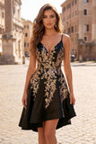 A-Line Black Satin Sequins Asymmetrical Short Prom Dress