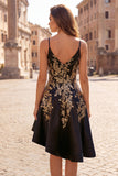 A-Line Black Satin Sequins Asymmetrical Short Prom Dress