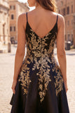 A-Line Black Satin Sequins Asymmetrical Short Prom Dress