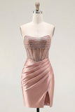 Sweetheart Blush Satin Ruched Sheer Corset Beaded Short Prom Dress with Slit