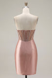 Sweetheart Blush Satin Ruched Sheer Corset Beaded Short Prom Dress with Slit