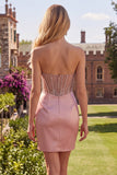 Sweetheart Blush Satin Ruched Sheer Corset Beaded Short Prom Dress with Slit
