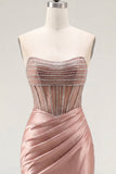 Sweetheart Blush Satin Ruched Sheer Corset Beaded Short Prom Dress with Slit